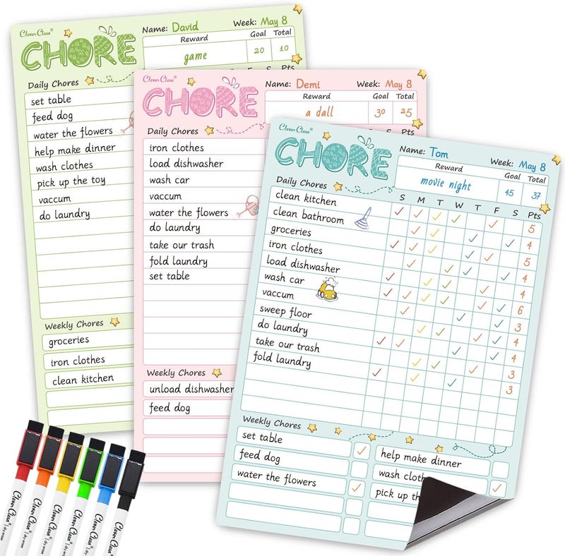 Clever Clean Magnetic Dry Erase Chore Chart - 8.5"x12" Behavior Responsibility Chore Board for Kids, Teenagers - 6 Extra Fine Point Markers Included - Shipped Flat 3 Pcs Blue Pink & Green - Image 1